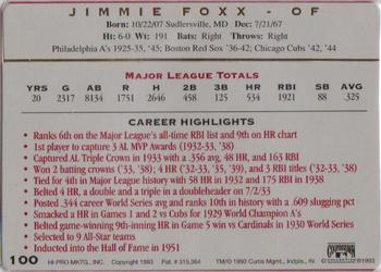 1993 Action Packed All-Star Gallery Series II #100 Jimmie Foxx Back