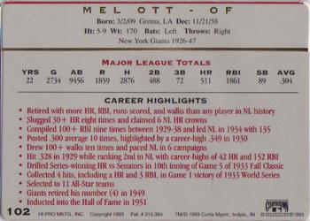 1993 Action Packed All-Star Gallery Series II #102 Mel Ott Back