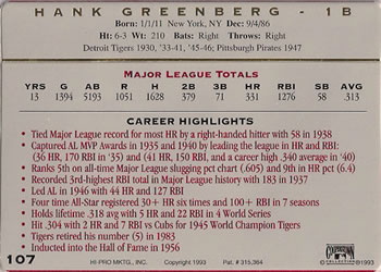 1993 Action Packed All-Star Gallery Series II #107 Hank Greenberg Back