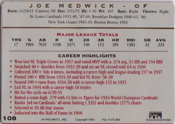 1993 Action Packed All-Star Gallery Series II #108 Joe Medwick Back