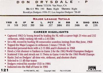 1993 Action Packed All-Star Gallery Series II #121 Don Drysdale Back