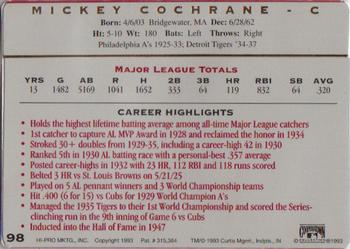 1993 Action Packed All-Star Gallery Series II #98 Mickey Cochrane Back