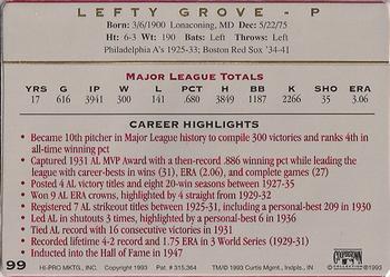 1993 Action Packed All-Star Gallery Series II #99 Lefty Grove Back