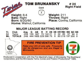 1985 7-Eleven Minnesota Twins #7 Tom Brunansky Back