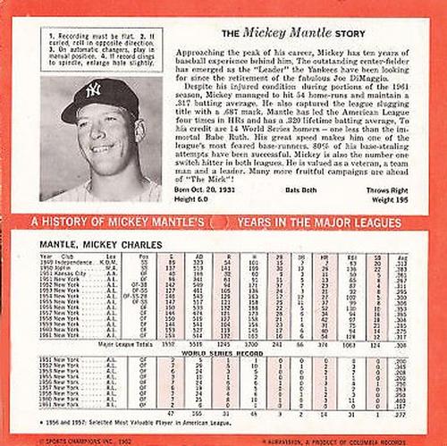 1962 Auravision Records #NNO Mickey Mantle Back