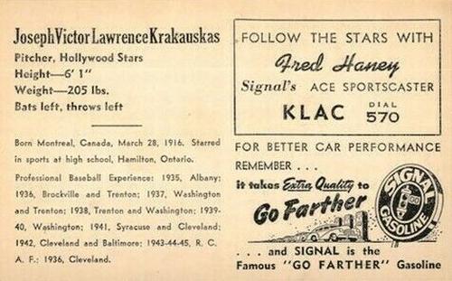 1947 Signal Oil #NNO Joe Krakauskas Back