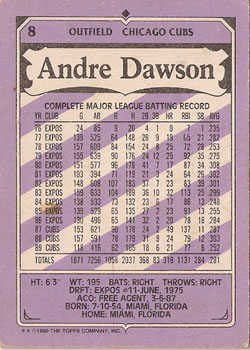 1990 Topps Kay-Bee Kings of Baseball #8 Andre Dawson Back