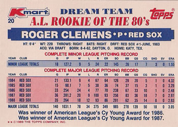 1989 Topps Kmart Dream Team #20 Roger Clemens Back