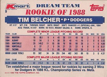 1989 Topps Kmart Dream Team #9 Tim Belcher Back