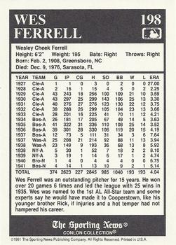1991 Conlon Collection TSN #198 Wes Ferrell Back