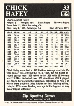 1991 Conlon Collection TSN #33 Chick Hafey Back