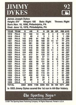 1991 Conlon Collection TSN #92 Jimmie Dykes Back