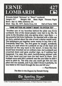 1992 Conlon Collection TSN #427 Ernie Lombardi Back