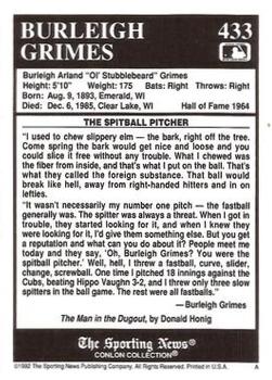 1992 Conlon Collection TSN #433 Burleigh Grimes Back