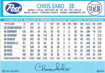 1991 Post Cereal #13 Chris Sabo Back