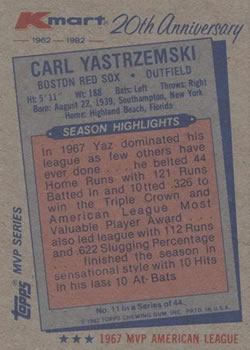 1982 Topps Kmart 20th Anniversary #11 Carl Yastrzemski Back