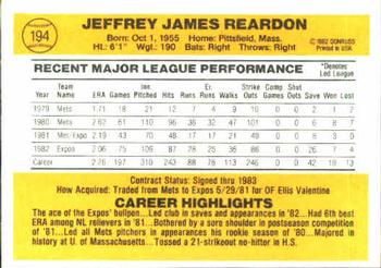 1983 Donruss #194 Jeff Reardon Back