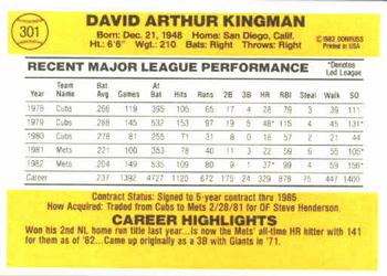1983 Donruss #301 Dave Kingman Back