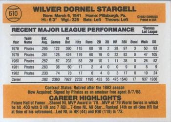 1983 Donruss #610 Willie Stargell Back