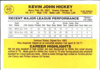 1983 Donruss #445 Kevin Hickey Back