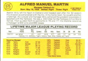 1983 Donruss #575 Billy Martin Back