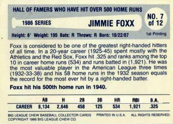 1986 Big League Chew Home Run Legends #7 Jimmie Foxx Back