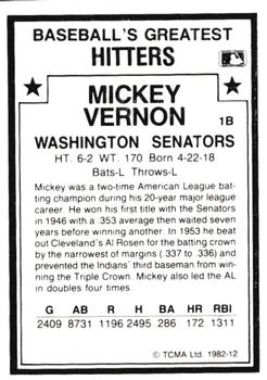 1987 TCMA 1982 Greatest Hitters #12 Mickey Vernon Back