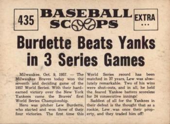 1961 Nu-Cards Baseball Scoops #435 Lew Burdette   Back