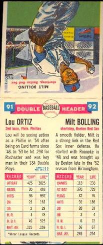1955 Topps Double Header #91-92 Lou Ortiz / Milt Bolling Back