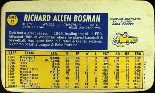 1970 Topps Super #22 Dick Bosman Back