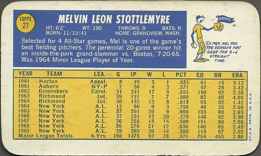 1970 Topps Super #27 Mel Stottlemyre Back