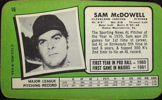 1971 Topps Super #16 Sam McDowell Back