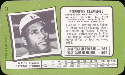 1971 Topps Super #37 Roberto Clemente Back