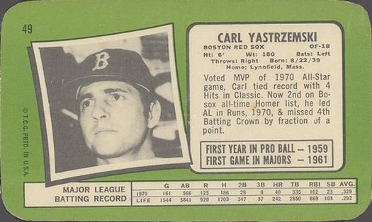 1971 Topps Super #49 Carl Yastrzemski Back