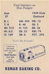 1950 Remar Bread Oakland Oaks #NNO Don Padgett Back