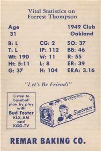 1950 Remar Bread Oakland Oaks #NNO Forrest Thompson Back