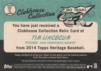 2014 Topps Heritage - Clubhouse Collection Relics #CCR-TL Tim Lincecum Back