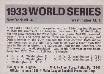 1971 Fleer World Series (Black Backs) #31 1933 - Giants vs. Senators - Carl Hubbell Back