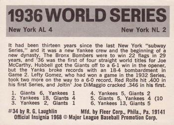 1971 Fleer World Series (Black Backs) #34 1936 - Giants vs. Yankees - Red Rolfe Back
