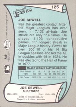 1989 Pacific Legends II #125 Joe Sewell Back