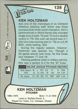 1989 Pacific Legends II #138 Ken Holtzman Back