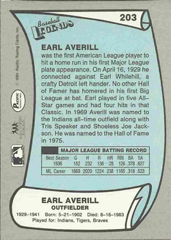 1989 Pacific Legends II #203 Earl Averill Back