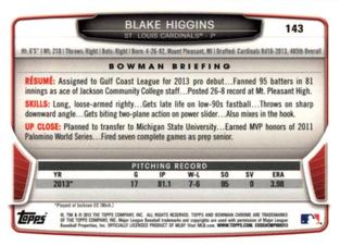 2013 Bowman Chrome Mini #143 Blake Higgins Back