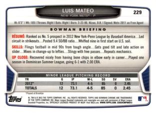 2013 Bowman Chrome Mini #229 Luis Mateo Back