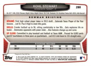 2013 Bowman Chrome Mini #280 Kohl Stewart Back