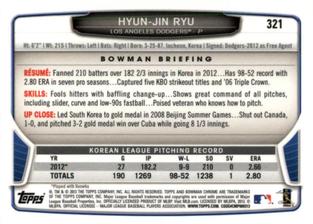 2013 Bowman Chrome Mini #321 Hyun-Jin Ryu Back