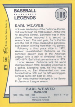 1990 Pacific Legends #108 Earl Weaver Back