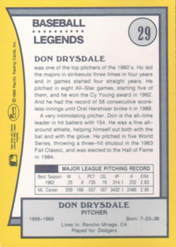 1990 Pacific Legends #29 Don Drysdale Back