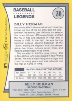 1990 Pacific Legends #30 Billy Herman Back