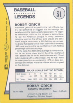 1990 Pacific Legends #31 Bobby Grich Back